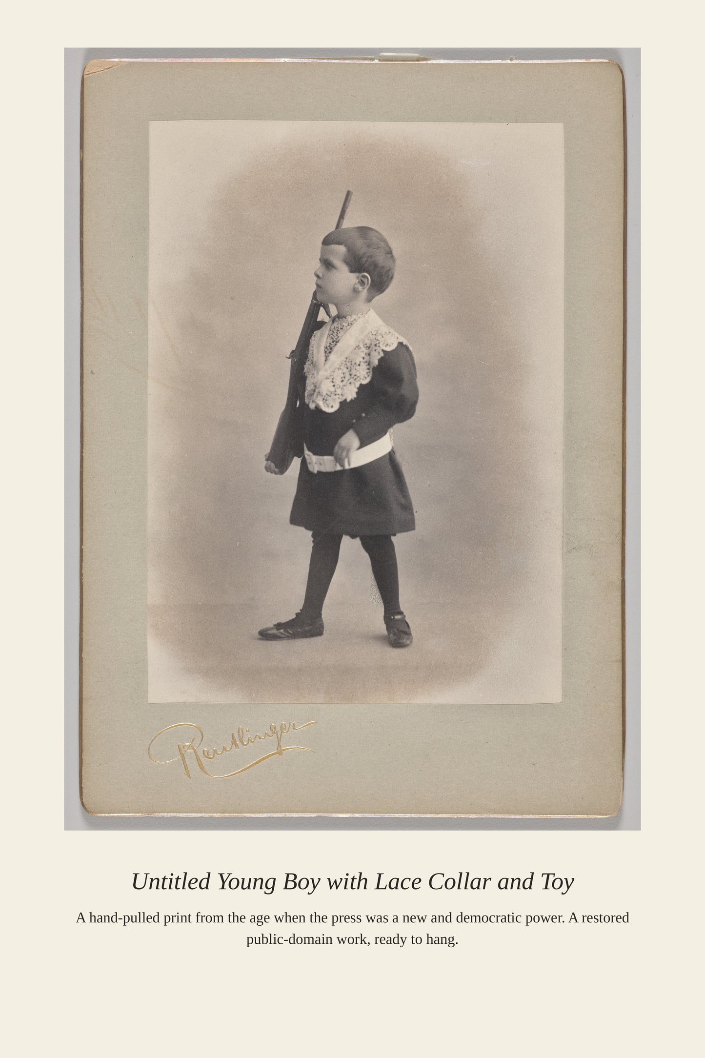 Young Boy with Lace Collar and Toy - Antique Art Print