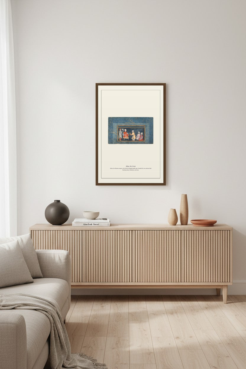 Akbar the Great court scene print framed above a light wood sideboard