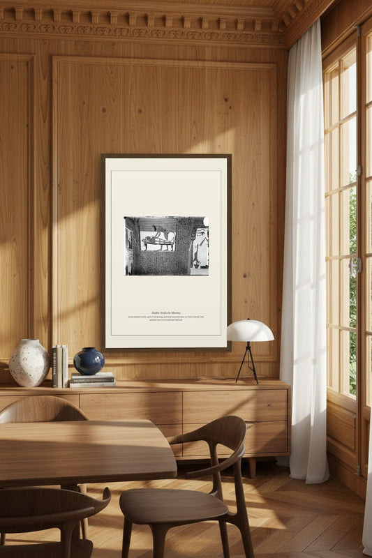 Anubis Tends the Mummy print in an elegant wood-paneled dining room with a table and chairs