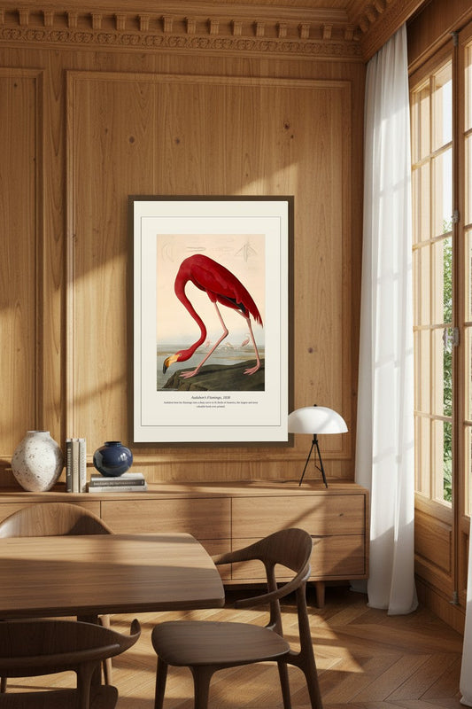 Flamingo art print framed in a wood-paneled dining room beside a window