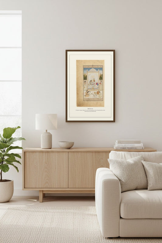 Bahram Gur miniature print framed above a light wood console