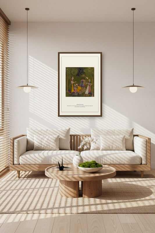 A Basohli Krishna framed above a sofa in a sunlit living room