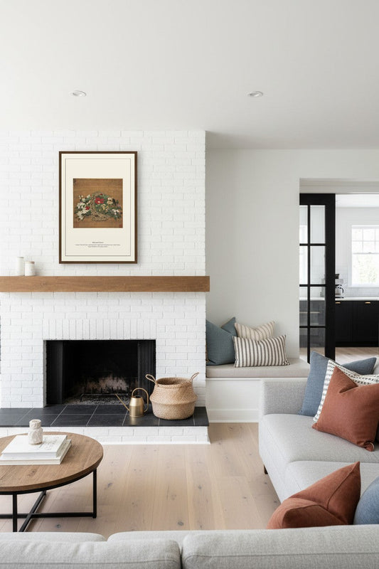Bird and Flower painting framed above a white brick fireplace mantel in a living room