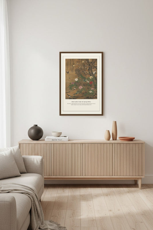 Birds Gather Under the Spring Willow — Antique Natural History Print