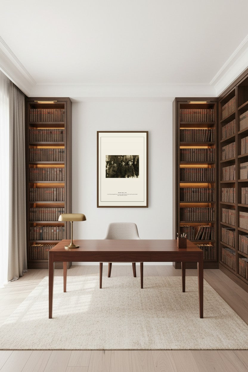 Breaker Boys print framed between built-in bookshelves above a wooden desk and chair