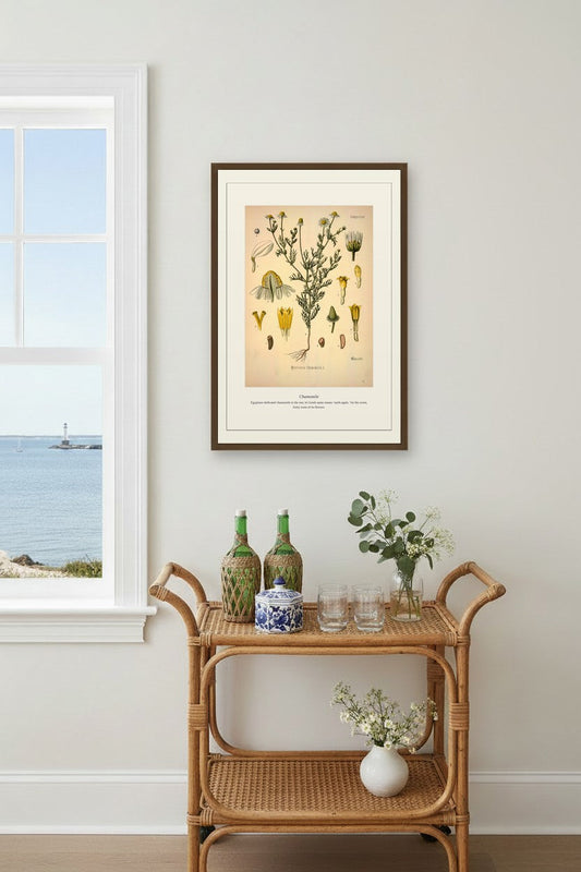 Chamomile art framed above a beige sectional sofa flanked by curtained windows and sconces