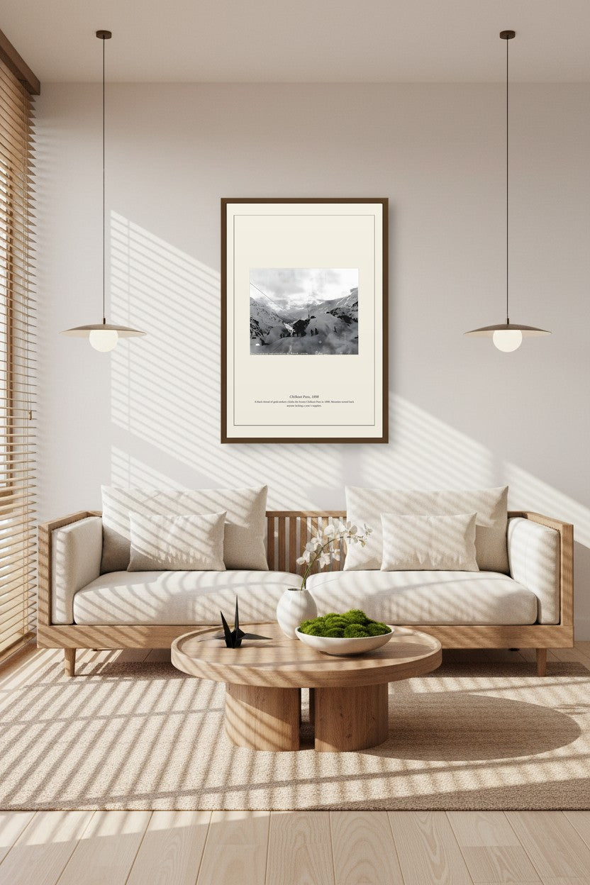 Chilkoot Pass photograph framed above a sunlit sofa with pendant lights and a round coffee table