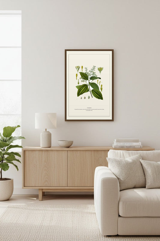 Cinnamon art framed above a white brick fireplace flanked by a beige sectional sofa