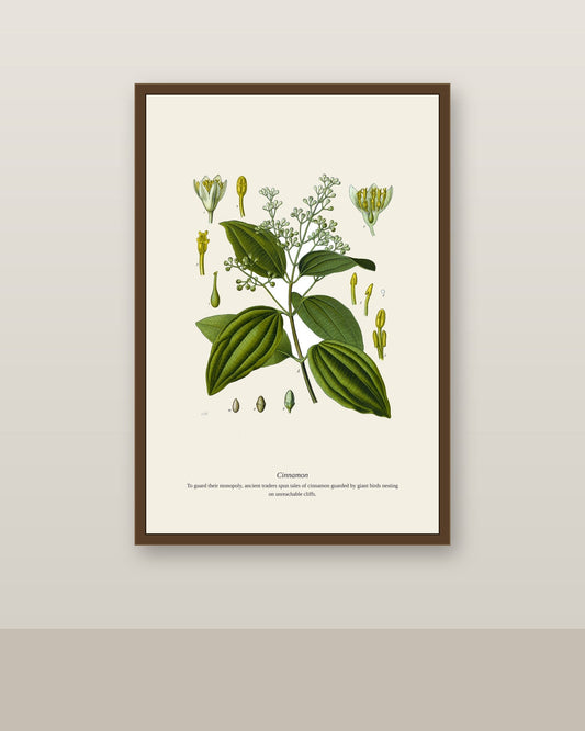 Cinnamon print framed above a light wood sideboard beside a cream sofa and fiddle-leaf fig