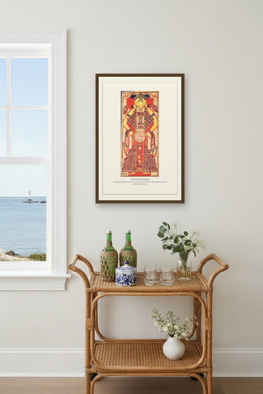 A Jain Cosmic Diagram framed print on a coastal wall above a rattan bar cart