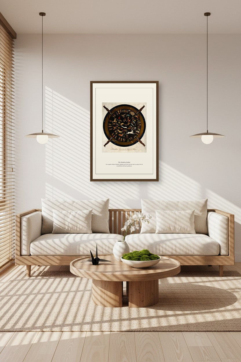 Framed Dendera Zodiac artwork above a sunlit sofa nook with pendant lamps and jute rug