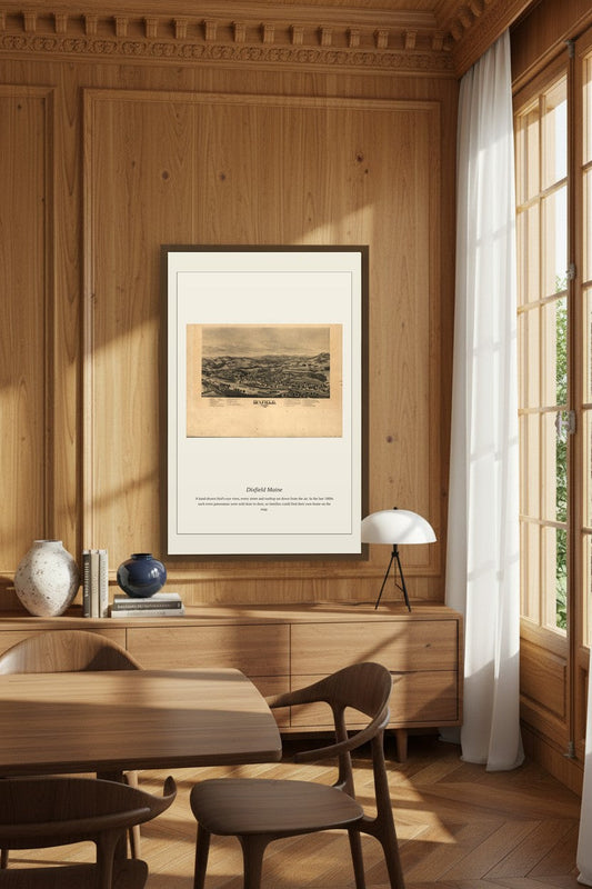 Dixfield Maine map print framed above a wood-paneled dining room sideboard