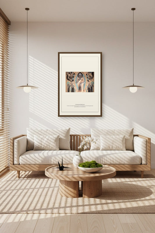 A Dunhuang Bodhisattva print framed in a sunlit room with wood sofa