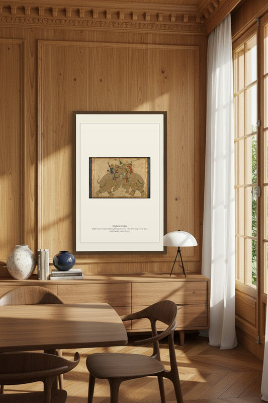 Elephant Combat print in an elegant wood-paneled dining room with a table and chairs