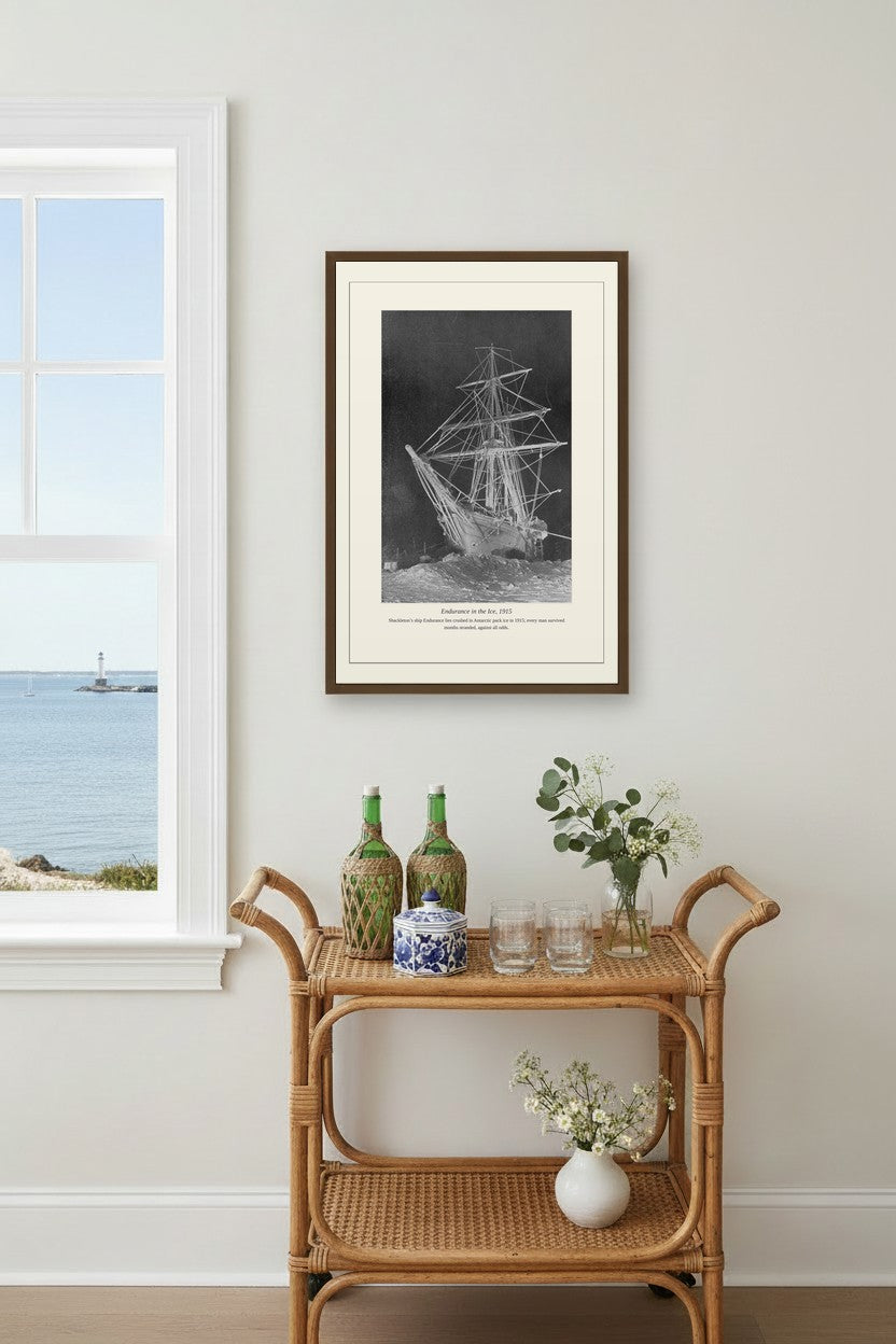 Endurance in the Ice photograph framed above a coastal bar cart with green bottles