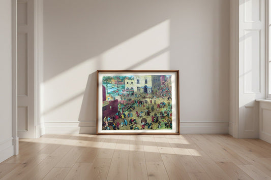 Children's Games — Pieter Bruegel the Elder — fine art poster shown framed and leaning against a wall in a sunlit room