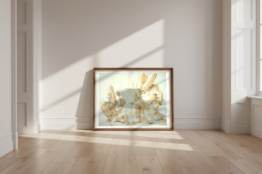 Punchinellos Cooking and Tasting Gnocchi (Punchinellos' Repast) — Giovanni Battista Tiepolo Fine Art Poster shown framed and leaning against a wall in a sunlit room