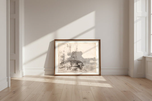 The Hog — Rembrandt van Rijn Fine Art Poster shown framed and leaning against a wall in a sunlit room