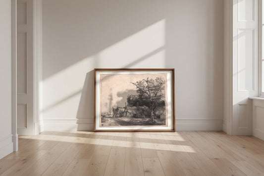 Landscape with Three Gabled Cottages Beside a Road — Rembrandt van Rijn Fine Art Poster shown framed and leaning against a wall in a sunlit room