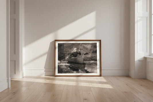 Netting the Fish — Winslow Homer Fine Art Poster shown framed and leaning against a wall in a sunlit room