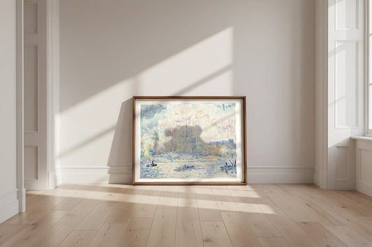 Notre Dame — Paul Signac Fine Art Poster shown framed and leaning against a wall in a sunlit room