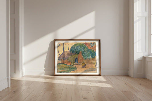 Tahitian Hut — Paul Gauguin Fine Art Poster shown framed and leaning against a wall in a sunlit room