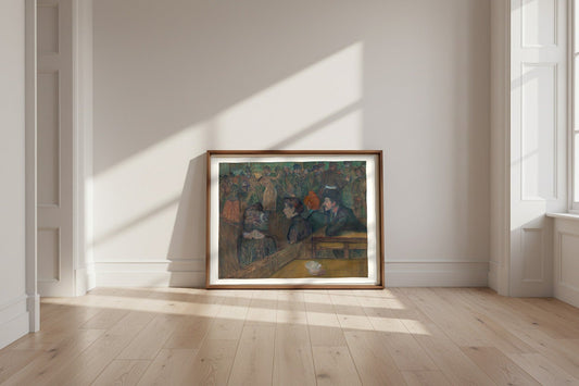 Moulin de la Galette — Henri de Toulouse-Lautrec Fine Art Poster shown framed and leaning against a wall in a sunlit room