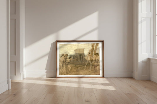 Young Spartan Girls Challenging Boys — Edgar Degas Fine Art Poster shown framed and leaning against a wall in a sunlit room