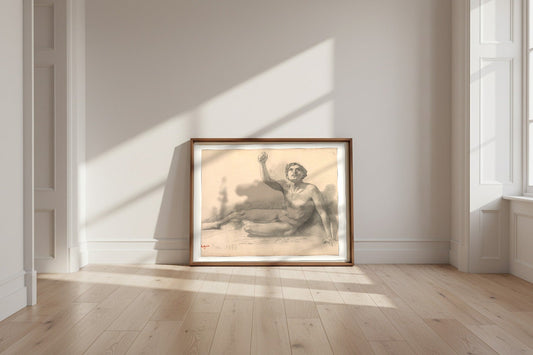 Study of a Male Nude — Edgar Degas Fine Art Poster shown framed and leaning against a wall in a sunlit room