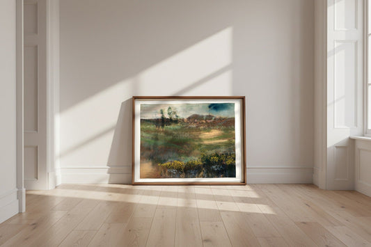 Landscape with Smokestacks — Edgar Degas Fine Art Poster shown framed and leaning against a wall in a sunlit room