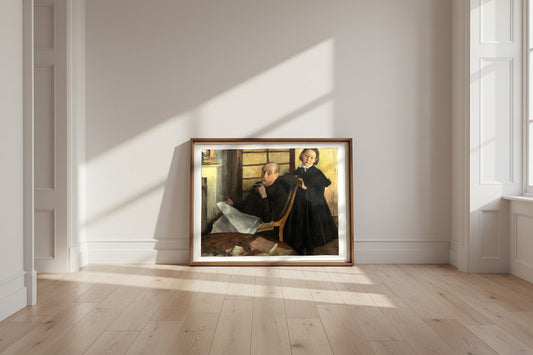 Henri Degas and His Niece Lucie Degas (The Artist's Uncle and Cousin) — Edgar Degas Fine Art Poster shown framed and leaning against a wall in a sunlit room