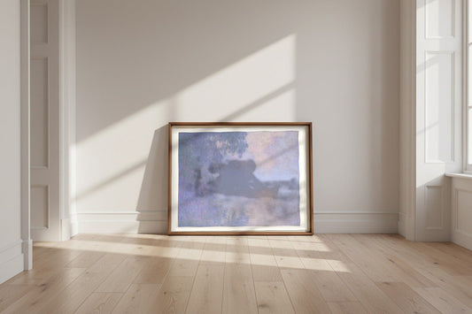Branch of the Seine near Giverny (Mist) — Claude Monet Fine Art Poster shown framed and leaning against a wall in a sunlit room