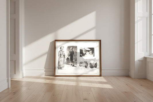 Sheet of Sketches — Eugène Delacroix Fine Art Poster shown framed and leaning against a wall in a sunlit room