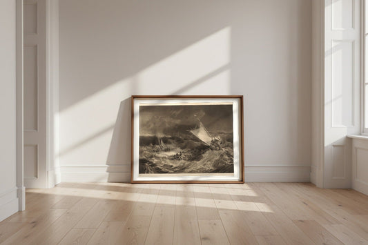 A Shipwreck — Charles Turner Fine Art Poster shown framed and leaning against a wall in a sunlit room
