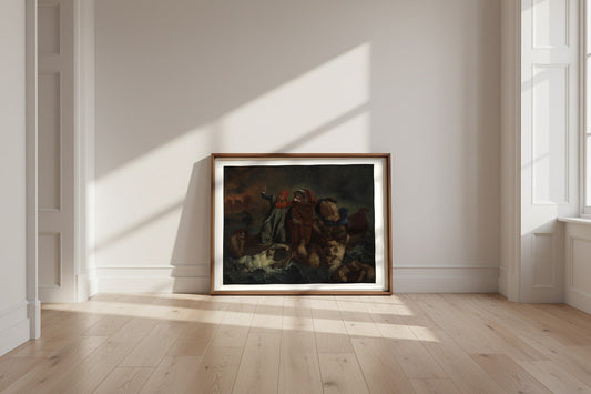 Dante's Bark (after Eugène Delacroix) Fine Art Poster shown framed and leaning against a wall in a sunlit room