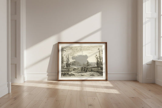 Harbor with a Large Tower — Claude Lorrain Fine Art Poster shown framed and leaning against a wall in a sunlit room