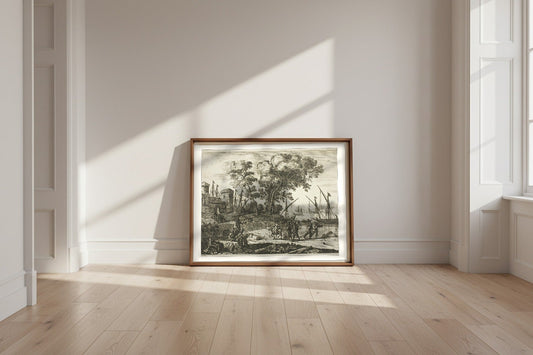 Coast Scene with an Artist Drawing — Claude Lorrain Fine Art Poster shown framed and leaning against a wall in a sunlit room