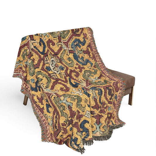 Fragment furnishing textile Woven Throw Blanket bench drape, ornate Islamic geometric weave in gold and crimson, fringe