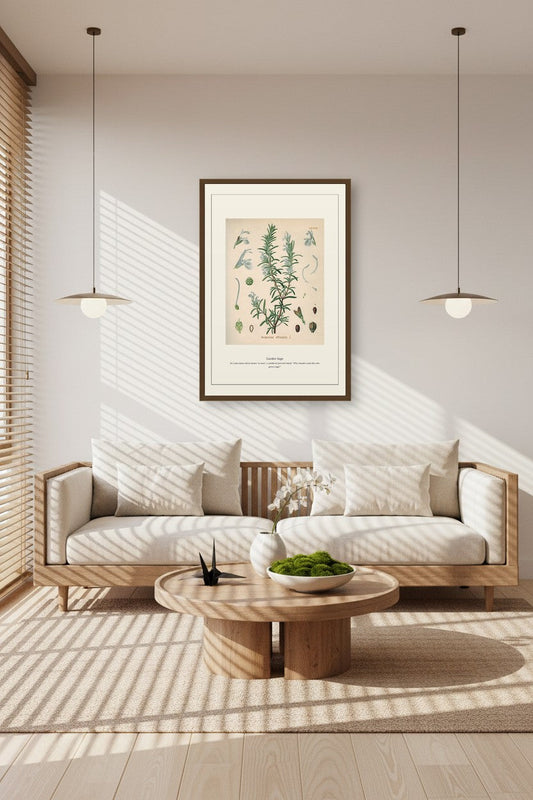 Garden Sage print framed above a linen sofa in a sunlit Scandinavian living room