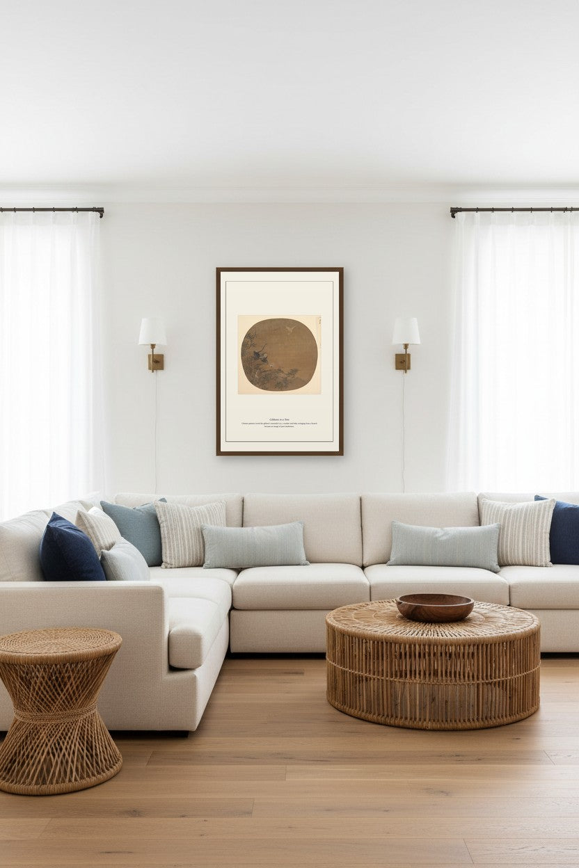 Framed Gibbons in a Tree painting above a beige sectional sofa between curtained windows