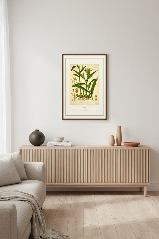 Ginger print in a wood frame above a ribbed light wood sideboard