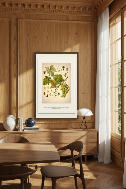 Grapevine print framed on wood-paneled wall in a dining room setting
