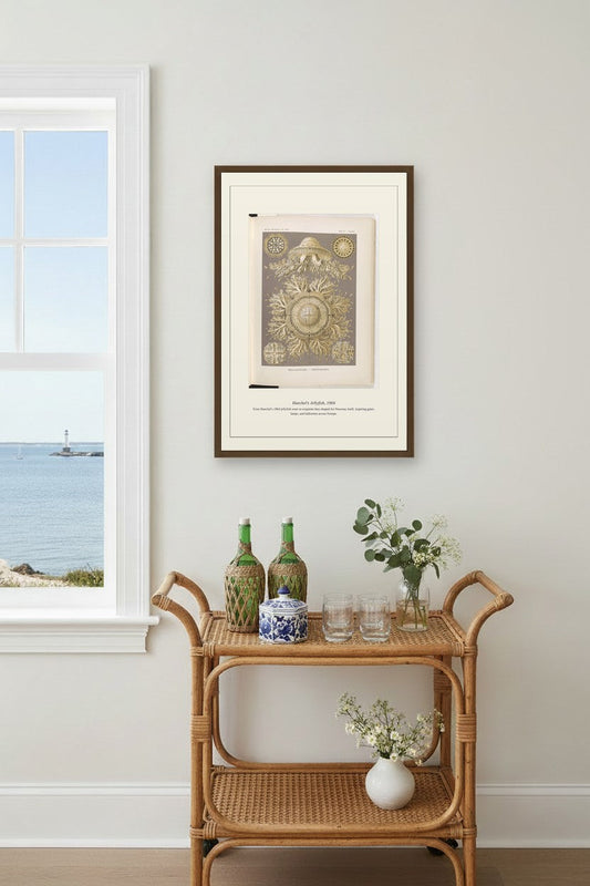 Haeckel's Jellyfish print above a rattan bar cart near a coastal window