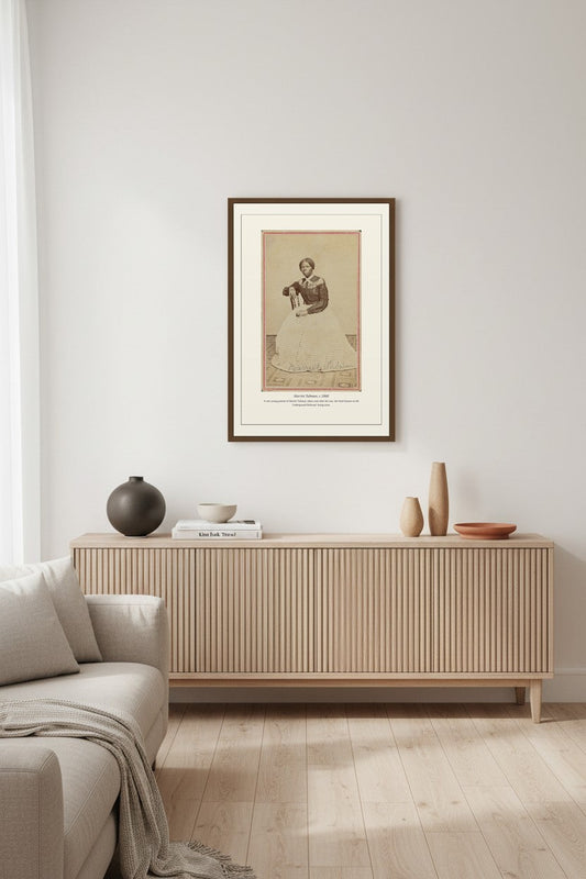 Harriet Tubman portrait print above a fluted wood sideboard in a bright neutral room