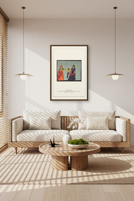 Framed Kalighat folk painting displayed in a wood-paneled dining room above a sideboard