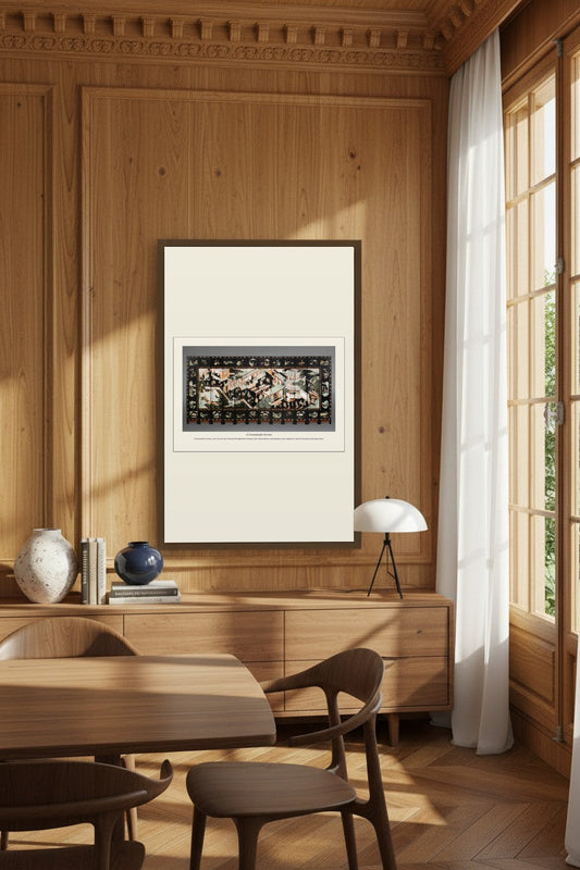 A Coromandel Screen print framed on a wood-paneled wall beside a curtained window above a sideboard