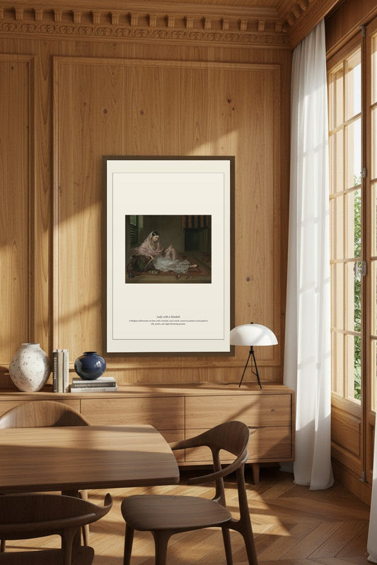 Lady with a Hookah print displayed in a wood-paneled dining room above a sideboard