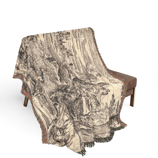 Landscape with a Milkmaid woven throw blanket on bench, cream and black etching pastoral scene with cattle and rocks
