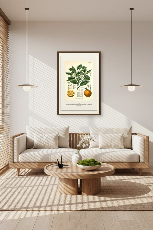 Lemon botanical art print hanging in a warm minimalist room with striped light