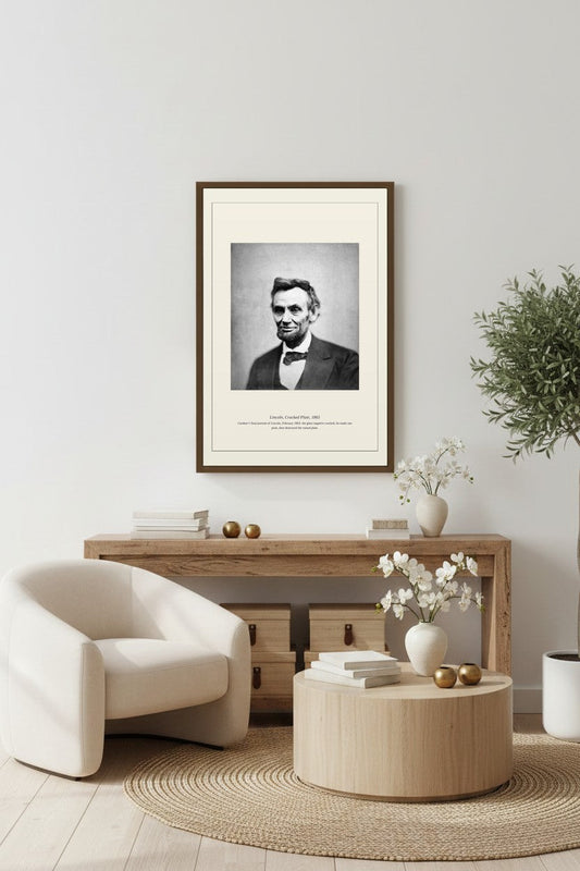 Framed Lincoln Cracked Plate print above a light wood console with a white armchair nearby